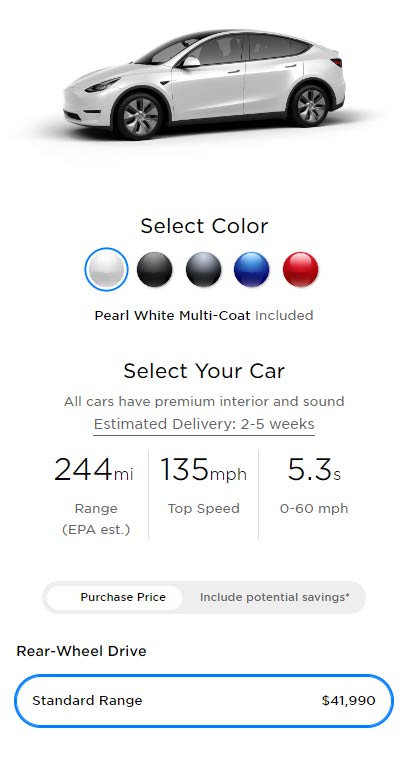 Tesla online configurator showing Tesla Model Y Standard Range price and options.