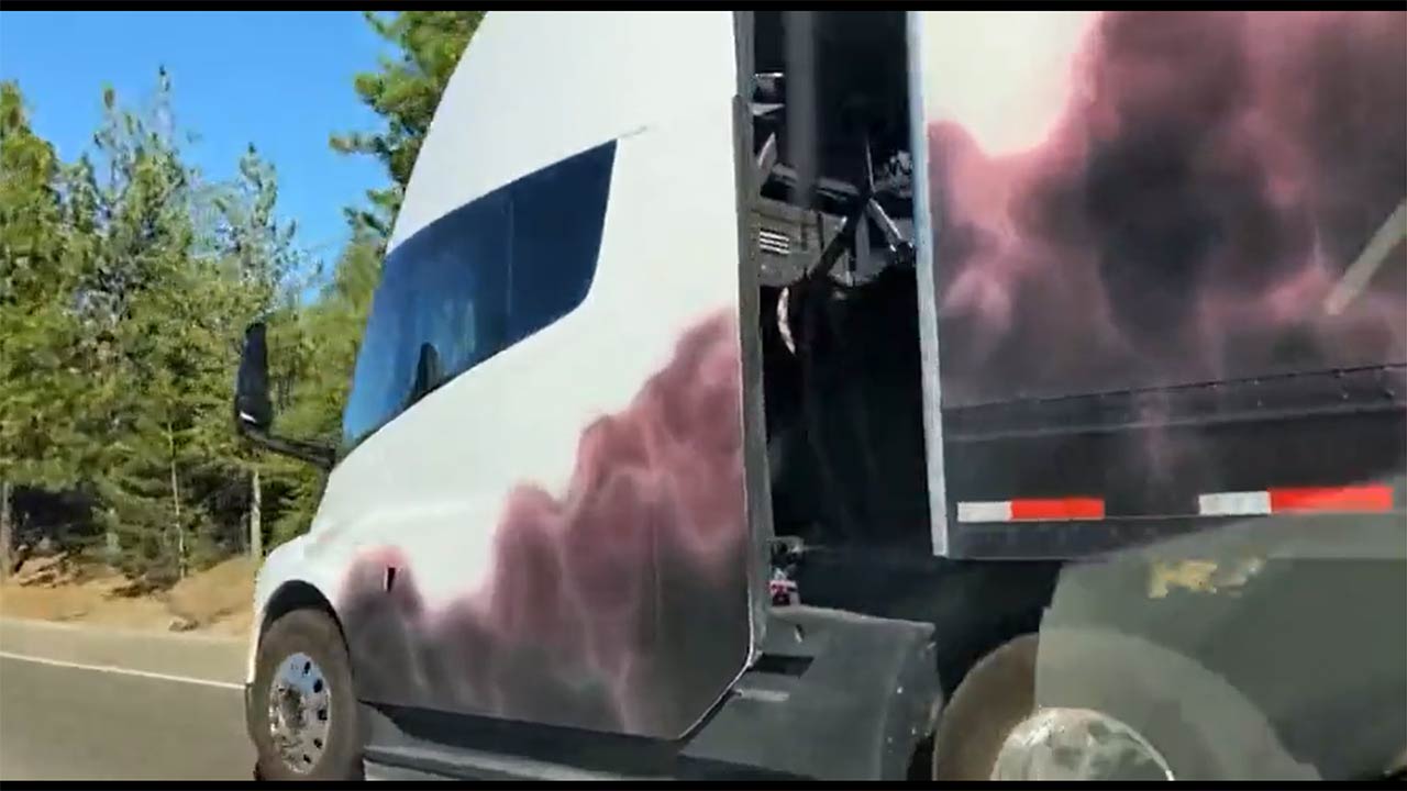Watch A Tesla Semi Truck With Cyber Rodeo Cowboy Art Accelerating On A California Highway