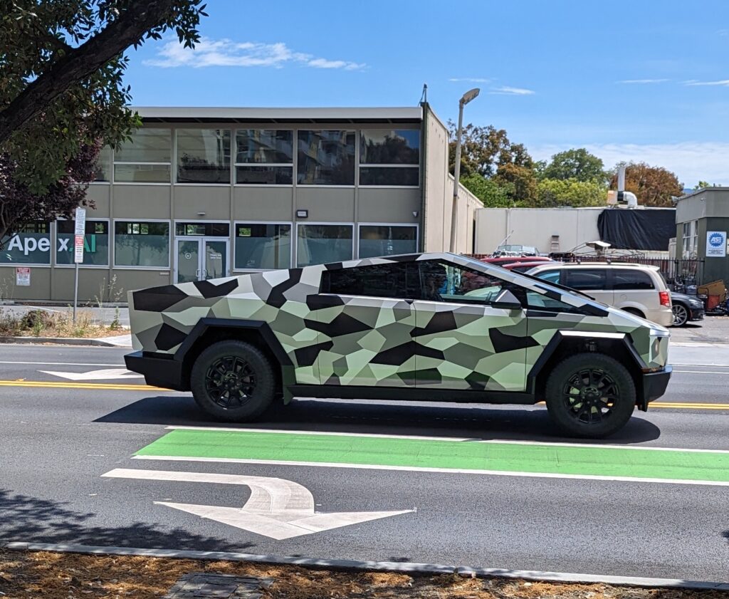 Tesla Cybertruck wrapped in military-themed camouflage spotted in Mountain View, California.