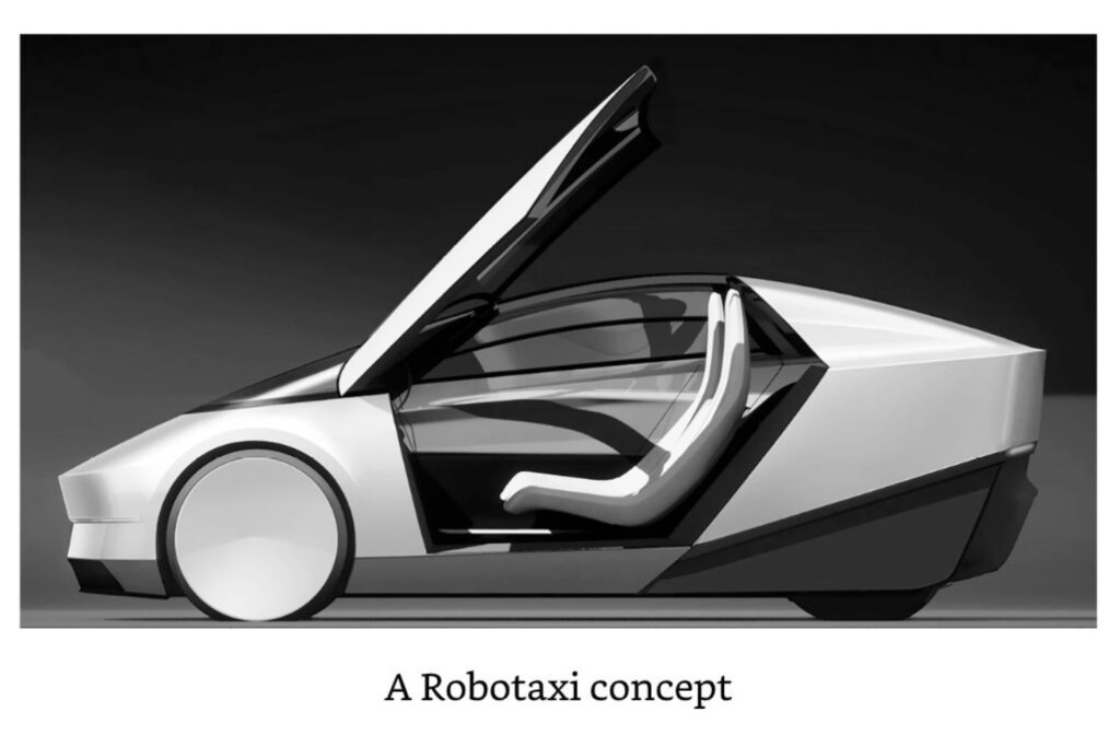 A conceptual rendering of the smaller two-seat autonomous Tesla Robotaxi vehicle based on the leaked Tesla Design Center design from 2023.