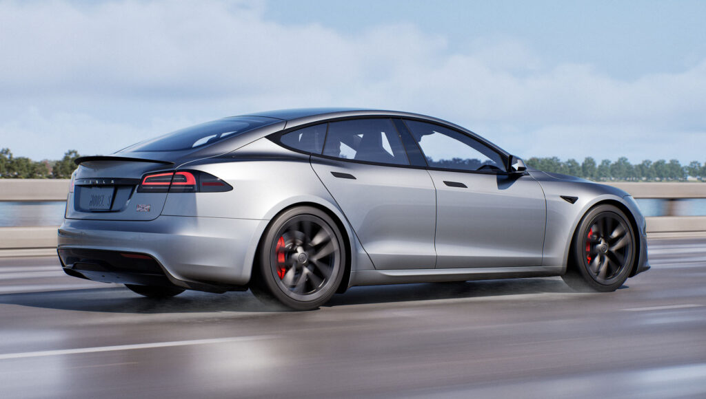 2024 Tesla Model S in Lunar Silver color (rear and side profile). 