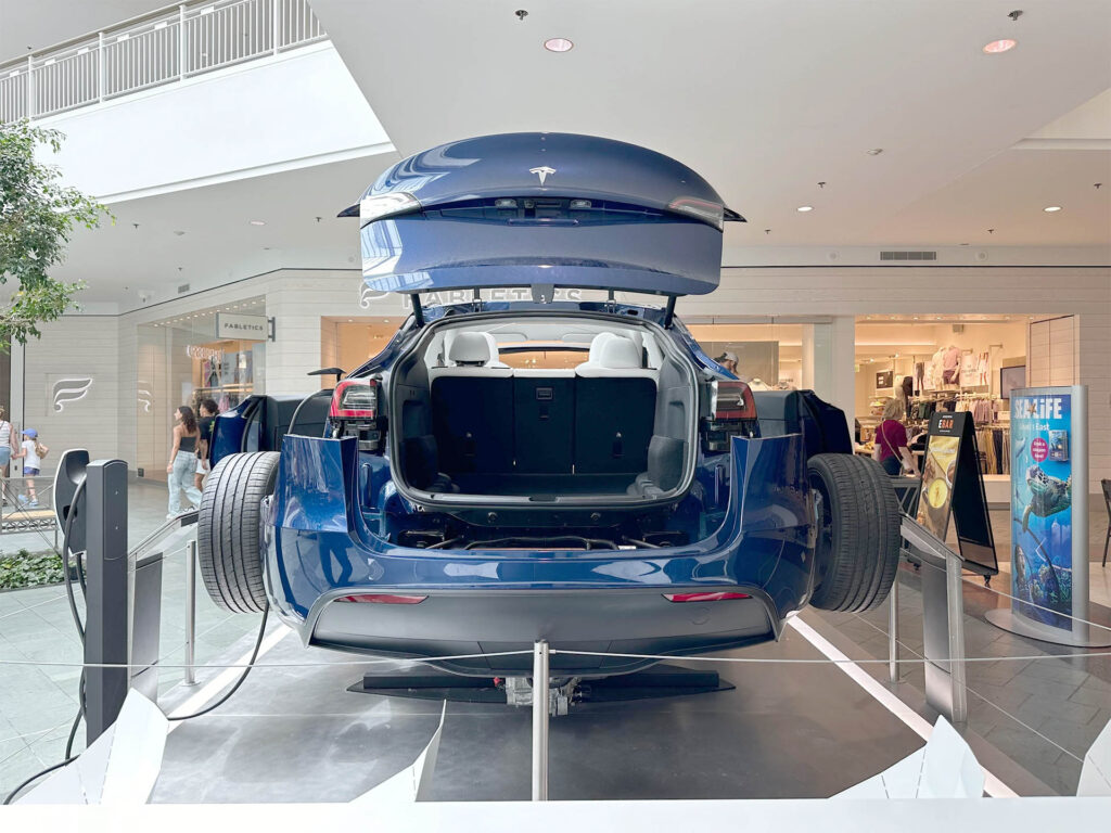 The rear of the expanded view of the Tesla Model Y on display at the Mall of America. 