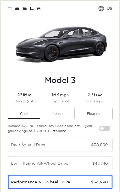 Screenshot: Prices of all the variants of the Tesla Model 3 in the United States as of 20th May 2024. Tesla Model 3 Performance gets a $1K price increase and is still eligible for the $7,500 federal tax credit. 