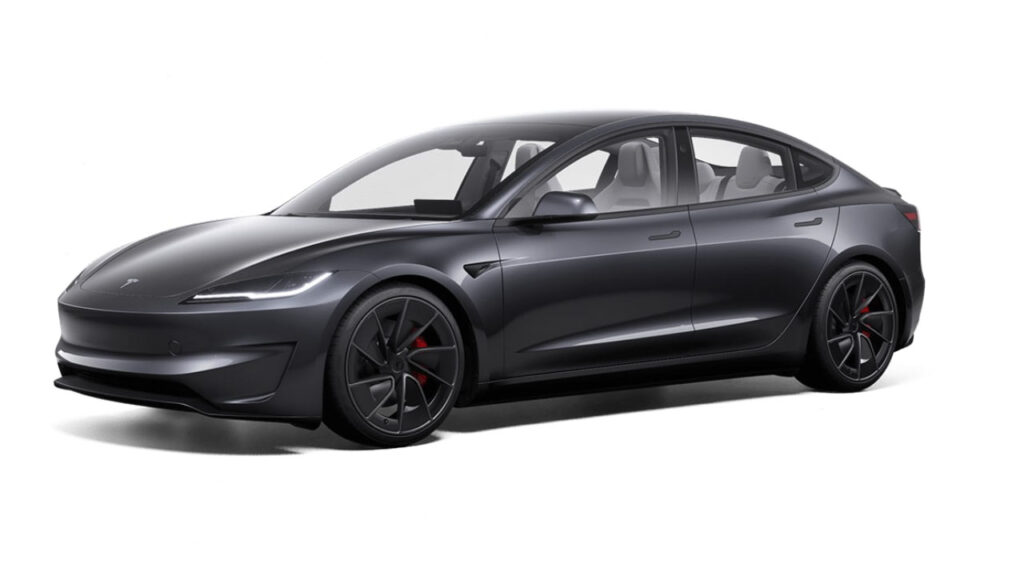 Tesla Model 3 Performance (Highland Ludicrous) in Stealth Grey color as shown in Tesla’s online car configurator.