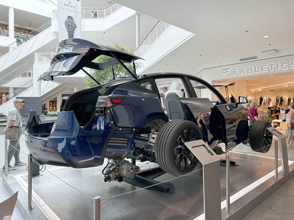 Rear side view of the expanded Tesla Model Y placed at the Mall of America. 