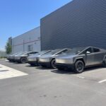 A batch of Cybertrucks parked outside a Tesla Store and Service Center in Florida.