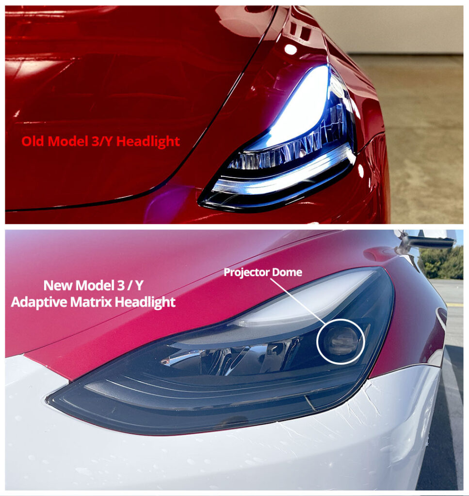 Comparison of old Tesla Model 3 and Model Y LED headlights vs the new LED Adaptive Matrix Headlights.