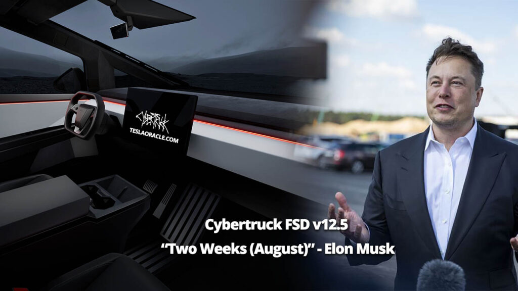 Tesla Cybertruck interior (left) and Elon Musk (right). FSD v12.5 to come to the Cybertruck in August of 2024.