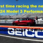 Tesla Model 3 Performance drag racing at the Sonoma Raceway in California and running the 1/4-mile in just under 11 seconds.