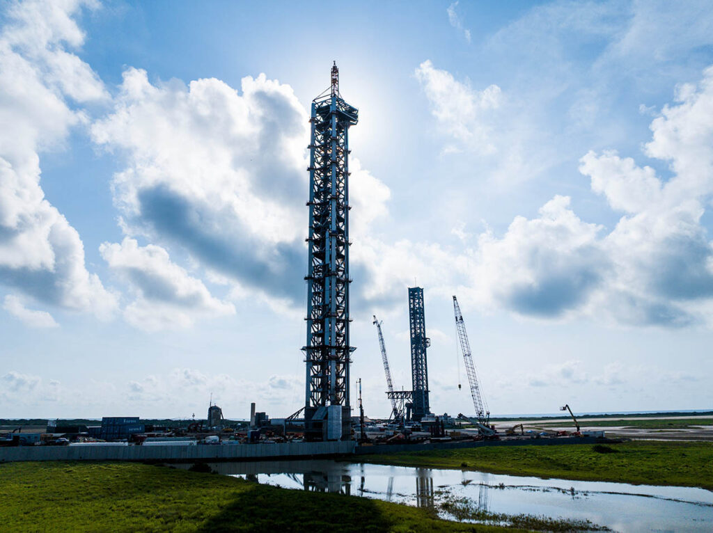 Starship's 2nd launch integration tower (Tower 2) fully stacked at the SpaceX Starsbase launch site in Boca Chica, Texas (1st tower aka Mecahzilla in the background). 