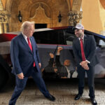 President Donald Trump (left) and Adin Ross (right) pose in front of the Cybertruck in a lighter mood.