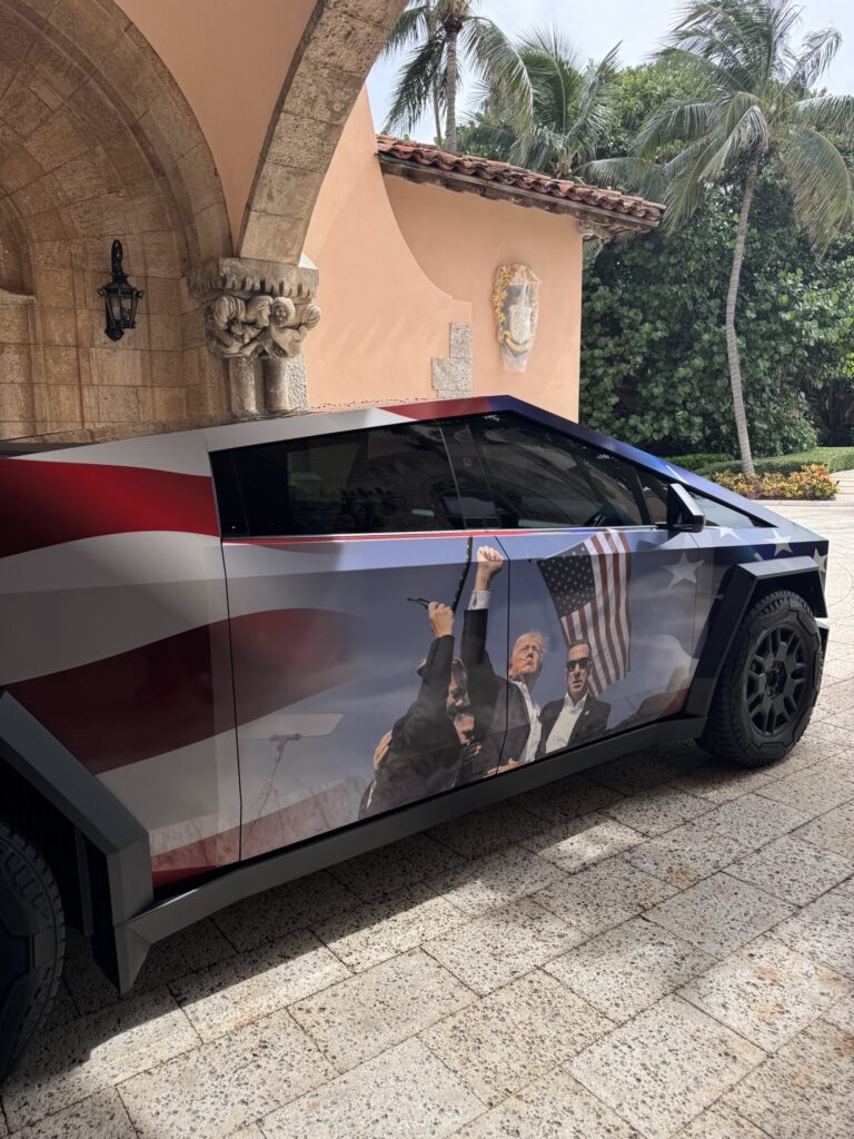 Custom-wrapped Tesla Cybertruck gifted by Adin Ross to Donald Trump.