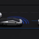 Tesla Cybertruck animation screenshot as it automatically changes lane on Autopilot/FSD.