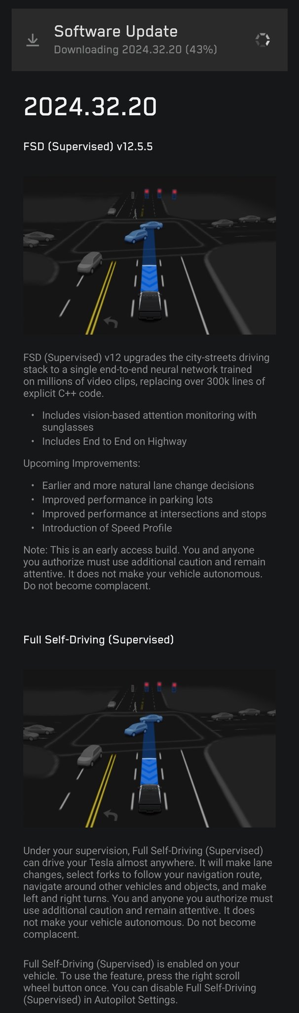 Screenshot of Tesla Cybertruck FSD v12.5.5 (2024.32.20) official release notes.