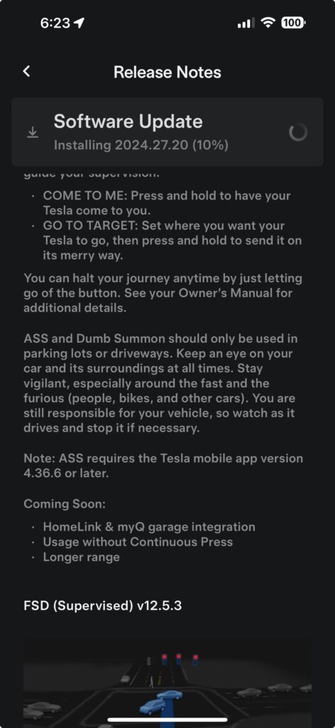 Screenshot 2: Tesla 2024.27.20 software update official release notes of Actually Smart Summon.