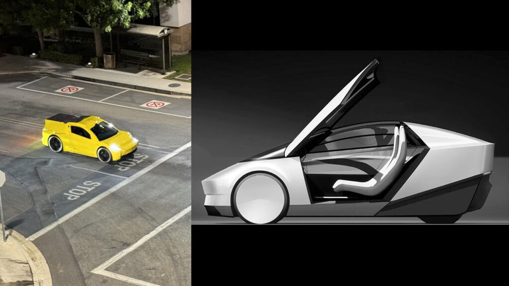 Heavily camouflaged Tesla Robotaxi in yellow color spotted near Warner Bros. Studio Burbank in Los Angeles California (left), a Tesla Rootaxi concept sketch (right).