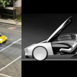 Heavily camouflaged Tesla Robotaxi in yellow color spotted near Warner Bros. Studio Burbank in Los Angeles California (left), a Tesla Rootaxi concept sketch (right).