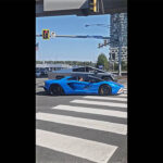 A Lamborghini driver challenges a Tesla Cybertruck for a random street race at a red light/crosswalk.