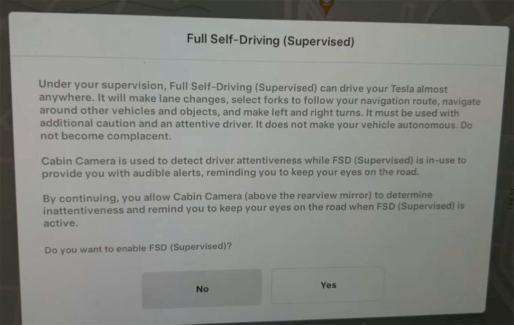 Screenshot of the dialog box taking confirmation of enabling FSD trial and providing necessary safety and supervision information to the user.