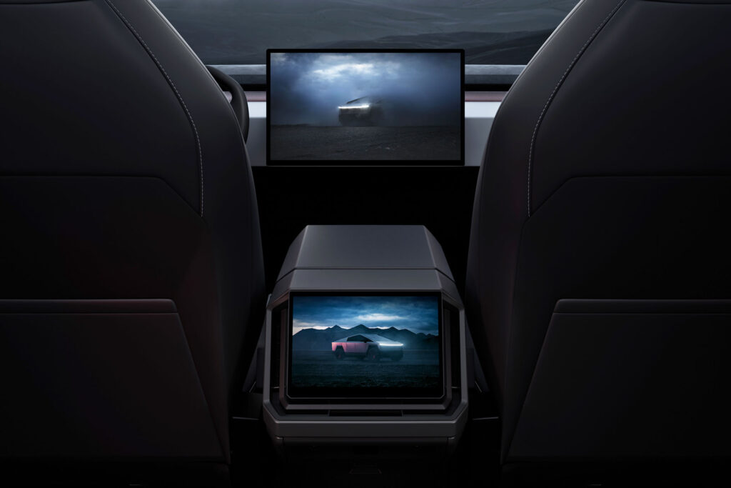 Front and the rear screens of the Tesla Cybertruck in a single shot.