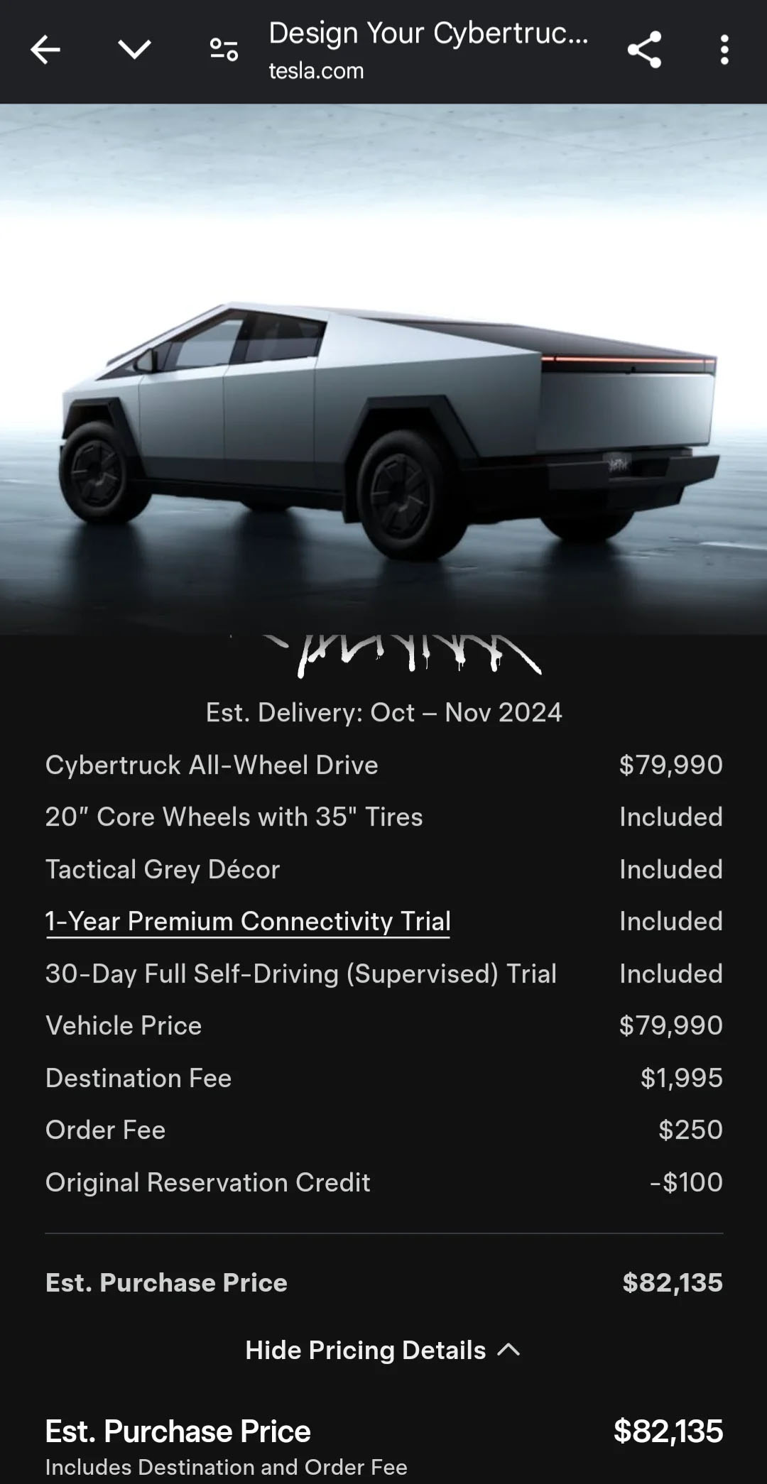 Screenshot of the non-Foundation Tesla Cybertruck configurator that shows an order for the base AWD variant.