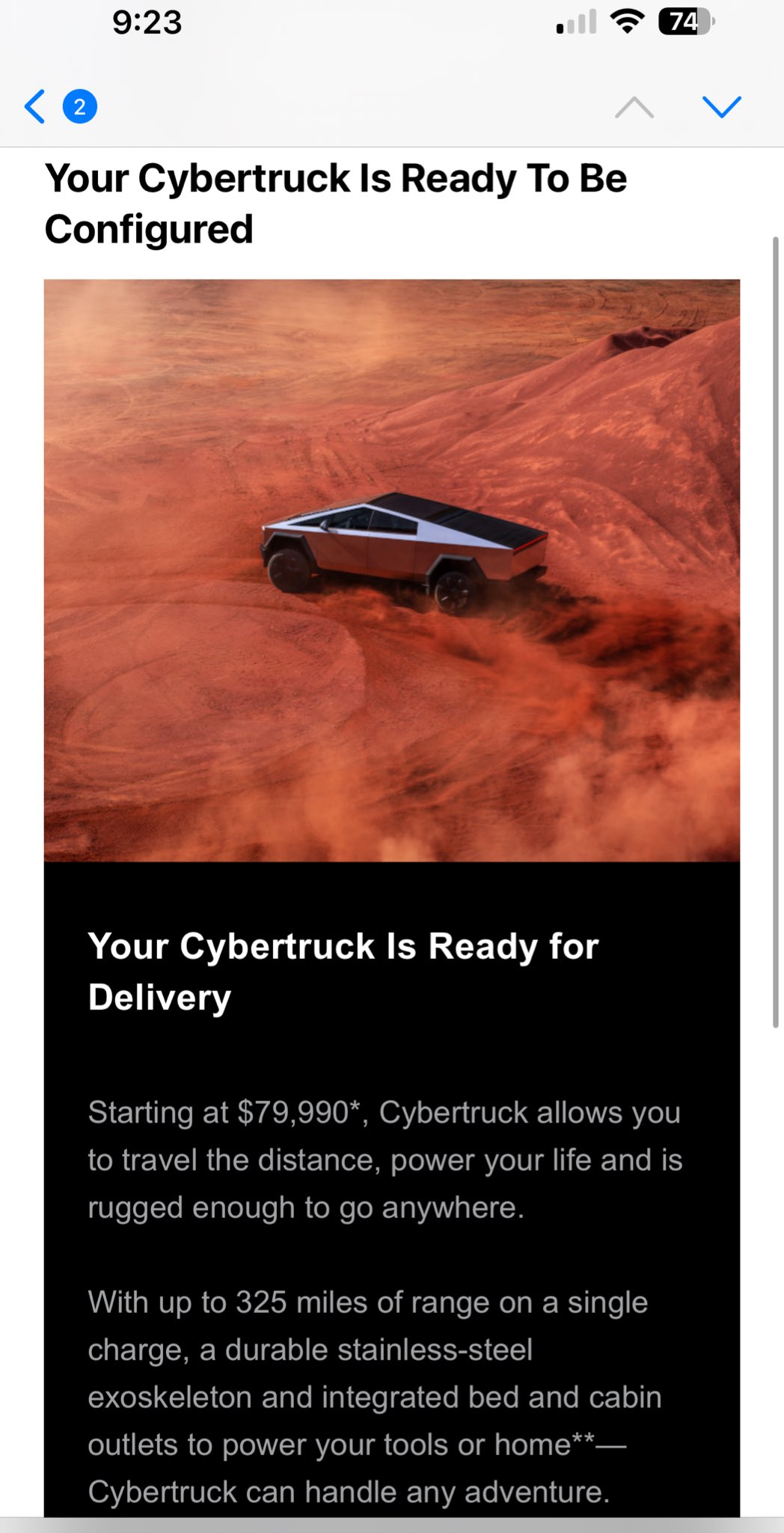 
Screenshot of the Tesla email inviting Cybertruck reservation holders to place their non-Foundation orders at a cheaper price. 