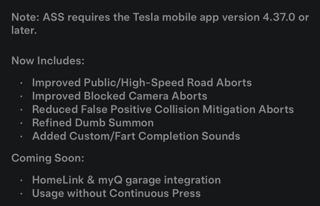 Screenshot of Tesla FSD v12.5.4.1 (2024.32.10) Release Notes (the ASS improvements list).