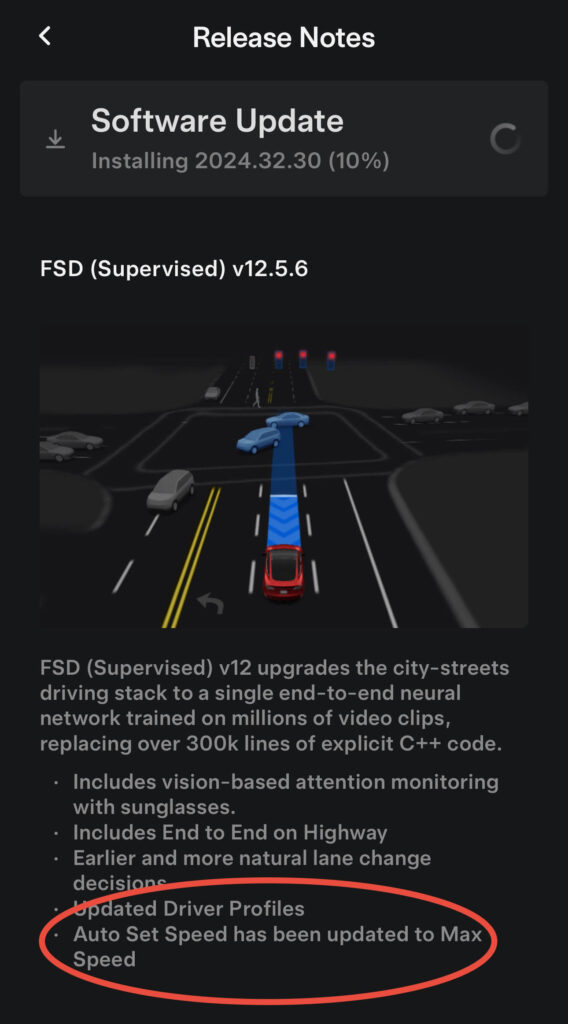 Tesla FSD v12.5.6 (202432.30) Release Notes screenshot with End to End on Highway for all Teslas and other improvements and features.