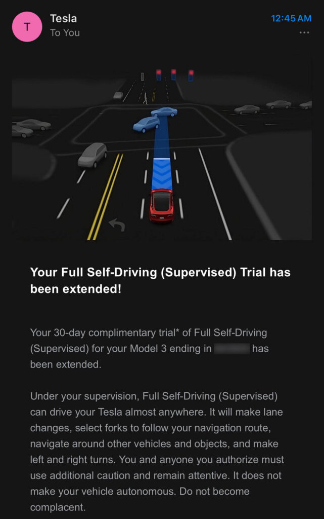 Screenshot of Tesla's official email announcing the extension of the FSD trial.