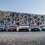 Tesla vehicle lineup from left to right: Model S, Model 3, Cybertruck, Model X and Model Y.