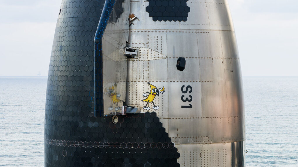 The nosecone of the Flight  6 Starship  (Ship 31) painted with an interesting 'banana for scale' graphic meme. 