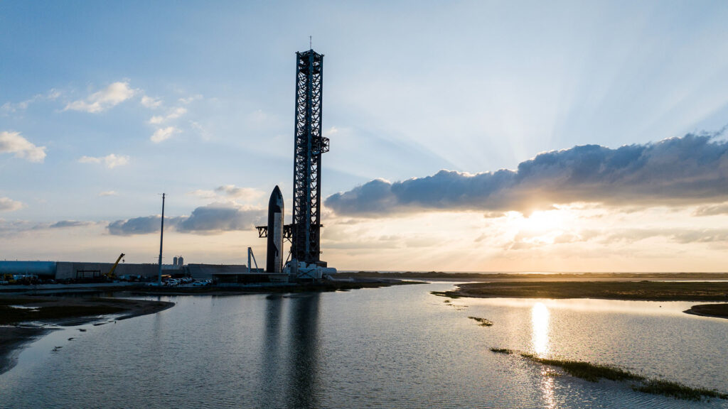 Flight 6 Starship mounted on the orbital launch mount (OLM) at Starbase, Texas for the upcoming launch and landing test on  Monday 18th November 2024.