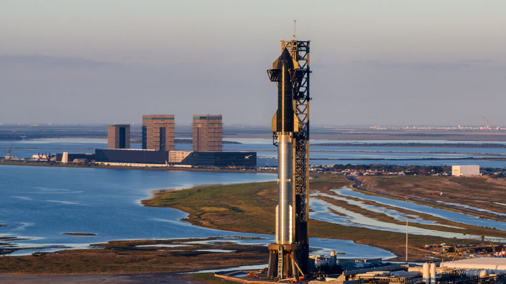 Fully integrated Flight 6 Starship mounted on the OLM at Starbase, Boca Chica, Texas as of 15th November 2024.