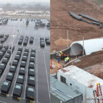 Tesla Cybertruck units in the Giga Texas outbound lot (left), the exit of Giga Texas Cybertruck tunnel under construction (right).