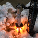 Flight 7 Super Heavy rocket booster (Booster 14) goes through a static fire test at Starbase, Boca Chica, Texas on 9th December 2024.