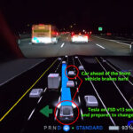 Screenshot: Tesla FSD v13 prepares for a traffic situation in advance as a car ahead of the front vehicle brakes hard, Tesla smoothly and safely changes its lane as the vehicles come close (video).