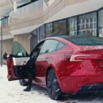 Tesla Model 3 Highland on an icy road somewhere in Europe.