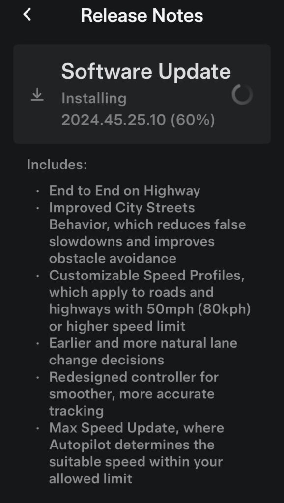 Tesla FSD v12.6 (2024.45.25.10) software release notes screenshot.