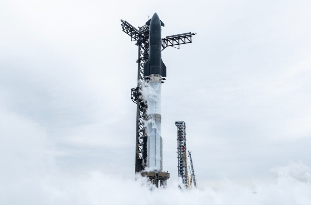 Fully integrated Flight 7 Starship going through a wet-dress rehearsal test (propellant load) before Wednesday's launch at Starbase on Friday 10th January 2025.